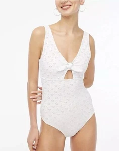 J.Crew BP336 White Eyelet One Piece Swimsuit Large Bow Front NWT $98 - Picture 1 of 8