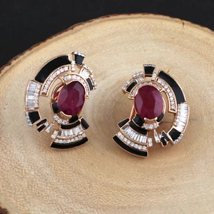 5.56 TCW Ruby Lab Grown CVD Diamond Stud Earrings Black Enamel 14k Rose Gold - Picture 1 of 8