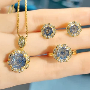 3pc Set Shiny Rose Cut Tanzanite Blue Topaz Gems Gold Women Necklace Earrings - Picture 1 of 6
