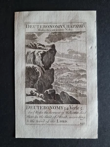 Antigua impresión bíblica de 1752 - Deuteronomio - Moisés muere en el monte Nebo - Imagen 1 de 3