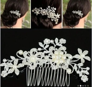 Bridal Jewelry Silver Rhinestone Crystal Wedding Flower Pearls Hair Comb Clip - Picture 1 of 5