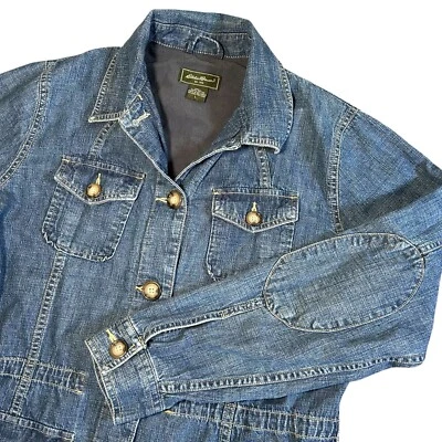 EDDIE BAUER Jean куртка размер большой синий джинсовой ткани локоть патчи карманы на пуговицах - Изображение 1 из 4