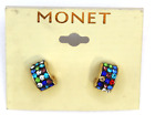 Signed Monet Gold Tone Rhinestone Petite Small Hoop Pierced Earrings Rainbow