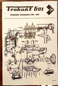Poster Trabant 601 Motor Explosionszeichnung Plakat DDR IFA Trabi Zweitakt