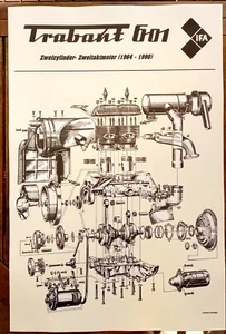 Poster Trabant 601 Motor Explosionszeichnung Plakat DDR IFA Trabi Zweitakt - Bild 1 von 3