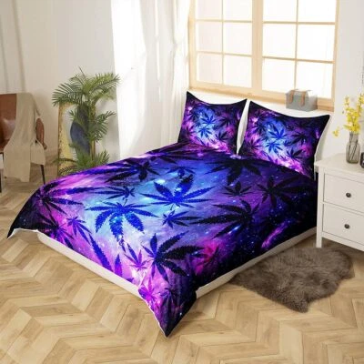Purple Starry Sky Hemp Leaf Duvet Quilt Cover Abstract Bedding Queen Pillowcase - Image 1 of 4