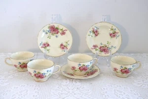 EDWIN M KNOWLES USA S-443-E1 1930's Pink Blue Flowers 4-Cups & 3-Saucers 7 Pcs - Picture 1 of 8