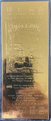 22KT GOLD SUPER BOWL 33 TICKET Willabee & Ward DENVER BRONCOS vs ATLANTA FALCONS Cover