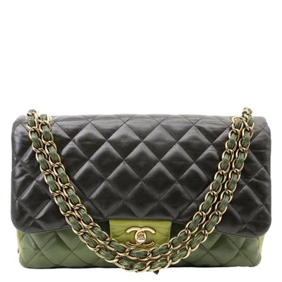 CHANEL Classic Jumbo Double Flap Quilted Lambskin Leather Shoulder Bag Green - Image 1 of 4