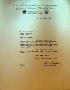 Famous Players Lasky Letterhead October 18 1920 Fatty Arbuckle Back Stage - Picture 1 of 1