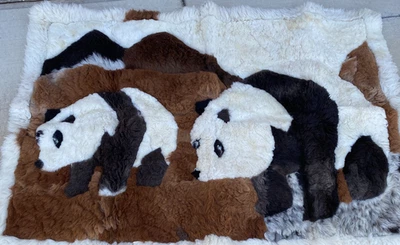 VINTAGE 1980 ALPACA FUR RUG PANDA BEAR FAMILY ALPACA FUR WALL DECOR 48"W x60"L. - Image 1 of 4