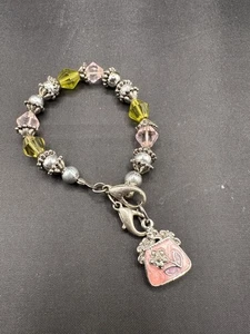 Little Girls Silver Metal Beaded Bracelet For Child Or Baby Pink Green Jewelry - Picture 1 of 2