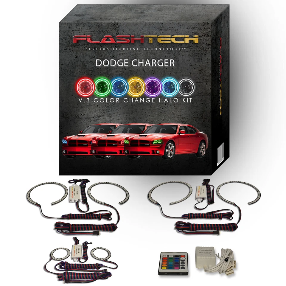 RGB Angel Eye LED Halo kit with IR Remote for 2005-2010 Dodge Charger Headlights - Image 1 of 4