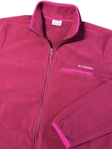 COLUMBIA Fleece Sweatshirt Size LARGE Magenta Pink Mock Neck Full Zip Up Pockets - Picture 1 of 12