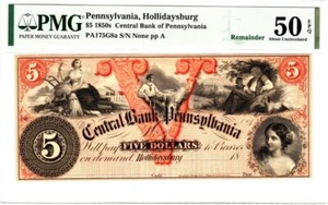 $5 Hollidaysburg, Pennsylvania PMG 50 ABOUT UNCIRCULATED EPQ- RARE STUNNING WOW! - Picture 1 of 12