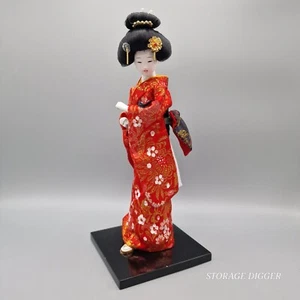 Vintage Japanese Lady Geisha Figurine Doll Red Traditional Kimono on Black Base - Picture 1 of 8