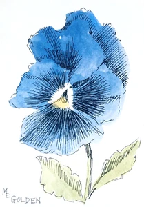 Miniature Blue Pansy Ink & Watercolor 4x3" 60s Floral Small Garden Flowers Art - Picture 1 of 5