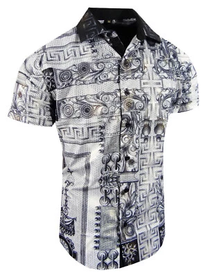 Men Short Sleeve Shirt Italian Floral Gold Sheen Stripe Flip-Cuff Stretch Slim - Image 1 of 2