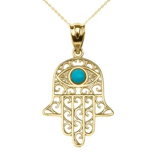 Collar Colgante de Mano Hamsa de Piedra Turquesa de Oro Amarillo Sólido de 14 K - Imagen 1 de 7
