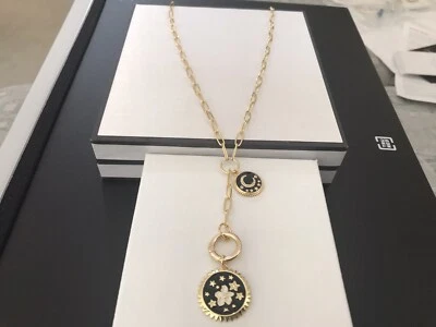 Clip Cadena Colgante Collar Oro Circonita cúbica Flor Luna Negro Esmalte Moneda Dije Foto 1 de 4