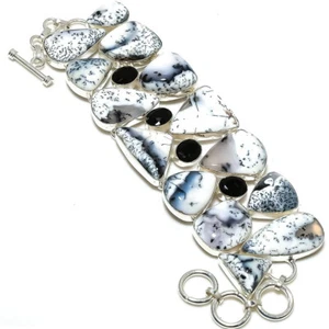 Dendrite Opal Black Quartz Gemstone Silver Plated Bracelet Dainty Jewelry 7-9" - Picture 1 of 1