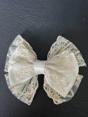 Girls Hair Bow Alligator Clip Ivory Satin And Gold/ivory Lace With Floral Design - Image 1 of 3