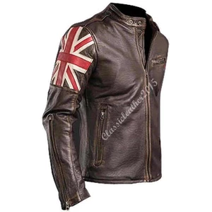 Mens Biker Vintage Distressed Brown Union Jack Cafe Racer Leather Jacket - Picture 1 of 4