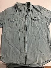 Wrangler Mens Shirt Size L Green Denim Cotton Frayed Short Sleeves Snap Button