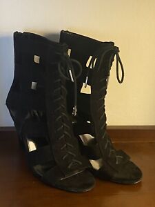 Calvin Klein Karia Open Toe High Heels Black Suede Women's Boots Lace Up Size~7
