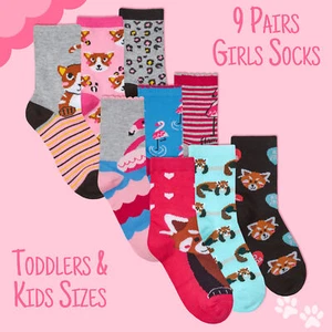 Kids Girls 9 Pairs Cotton Rich Novelty Toddler Socks Animal Crew Sock Cat Bundle - Picture 1 of 4