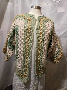 New Granny Square Sweater Cardigan Open Front Long Sleeve Handmade Crocheted - Picture 1 of 5