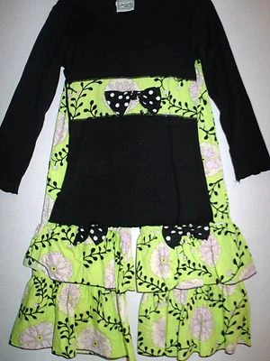 Green Pink Ivory Floral Medallion Top Black Polka Dots Ruffled Pants Outfit 4-5 - Image 1 of 4