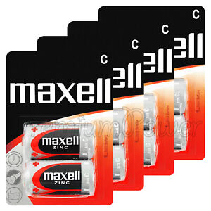 8 x Maxell C size batteries Zinc R14 MN1400 UM2 Baby Low/Constant Drain 0% Hg