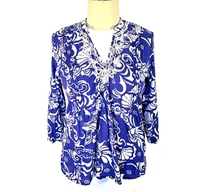 Lilly Pulitzer Tunic XL 3/4 Sleeve Blue White Beaded Neck Island Print Cotton - Picture 1 of 18