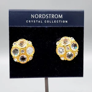 Swarovski for Nordstrom Bezel Crystal Gold Plated Domed Button Clip Earrings NWT - Picture 1 of 10