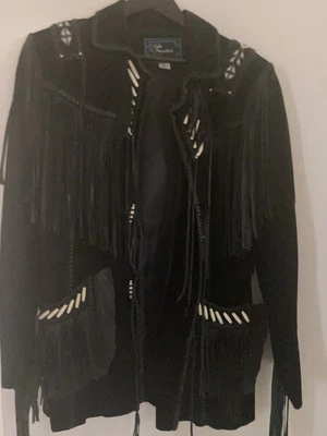Chaqueta con flecos de cuero gamuza negra vintage Echo Mountain de Arturo Arocha talla 38 Foto 1 de 4