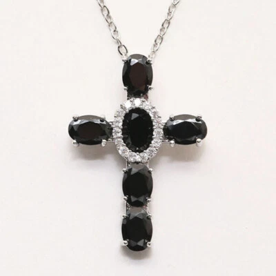 Colgantes collar cruz plata maciza piedras preciosas de ónix negro regalo piedras preciosas piedra de nacimiento Foto 1 de 4