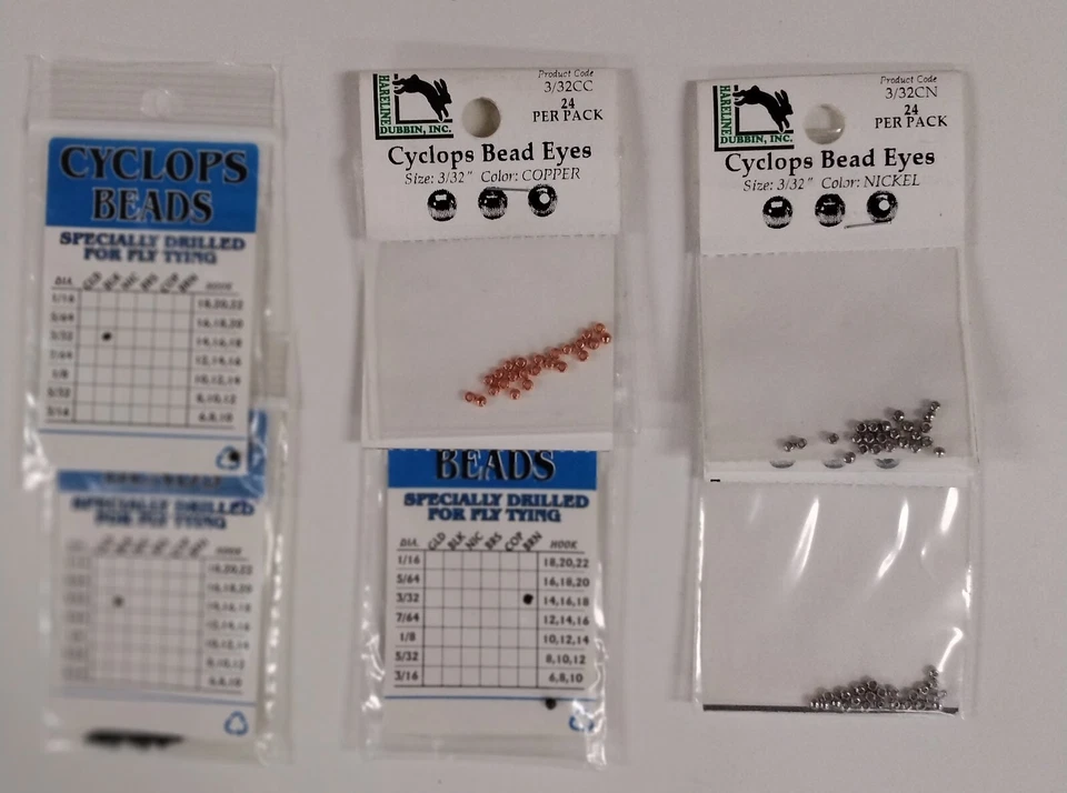Hareline Cyclops Bead Eyes; sz 3/32; 6 packs; Black, Nickel, Copper, Brown - Image 1 of 1