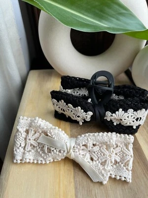 Large Black Embroidered Lace Cotton Hair Claw |Beige Embroidered Cotton Barrette - Image 1 of 4