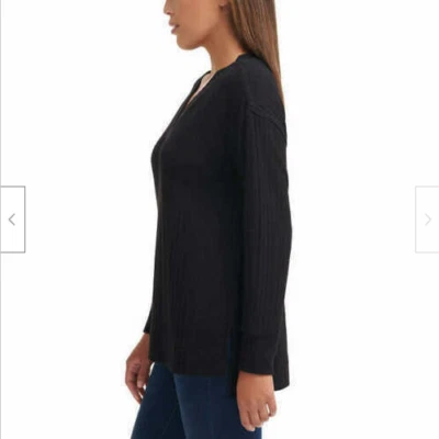 Camiseta acanalada con cuello en V Andrew Marc para mujer (NEGRO, GRANDE) NUEVA CON ETIQUETAS Foto 1 de 3