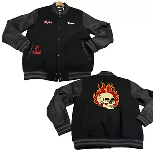 VANS Stevens Varsity Bomber Letterman Jacket Men MED Flaming Skull RARE Ltd Ed - Picture 1 of 14