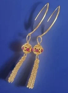 Estate 14k Solid Yellow Gold Ruby Sphere Tassel Earrings 2.5 inch Long - Picture 1 of 14