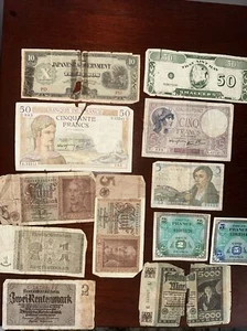 Lot Of 12 Banknote Francs Notes 1936 & 50 1940 Francs . Germany Marks 1942 - Picture 1 of 8