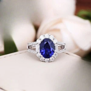 Natural sapphire Diamond engagement Ring in 3.60 Ct Oval Cut 14K White Gold - Picture 1 of 13