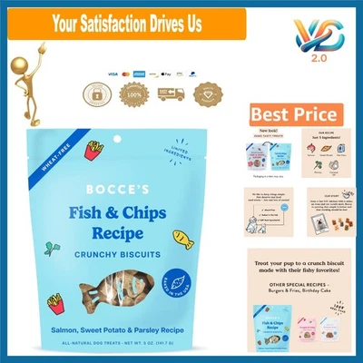 Bocces Fish & Chips Dog Treats sem trigo natural salmão batata doce 5 oz - Imagem 1 de 4