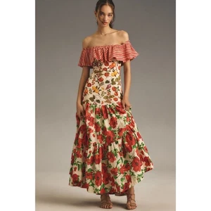 Vestido midi floral pequeño de algodón Maeve Anthropologie estampado mixto con hombros descubiertos - Imagen 1 de 10