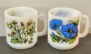 Vintage Glasbake Milk Glass Mug Cup Blue Yellow Floral Flower Design Coffee Home - Picture 1 of 12