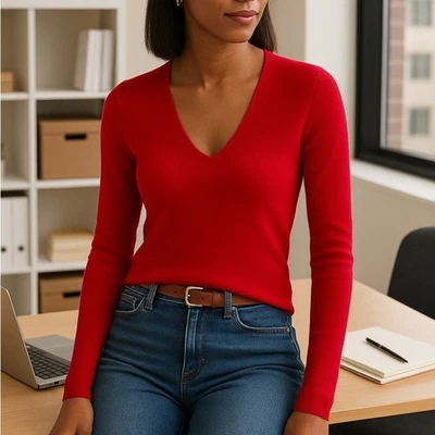 Suéter Express Rojo Cuello en V - Minimalista Elegante Moderno Femenino Estilo S Foto 1 de 4