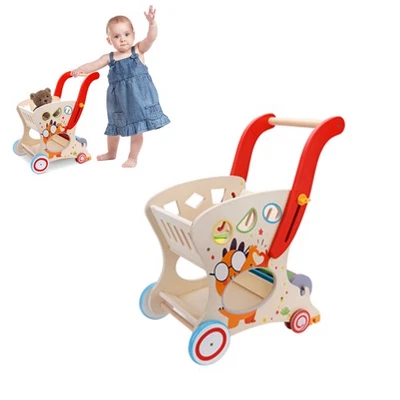 Carro de compras de madera para bebé Push Walker cochecito de muñeca velocidad ajustable para niño pequeño Foto 1 de 4