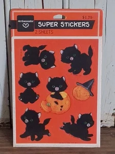 Halloween 1986 beflockte flauschige schwarze Katze Katzen Tiere Stickerbogen Botschafter - Bild 1 von 5